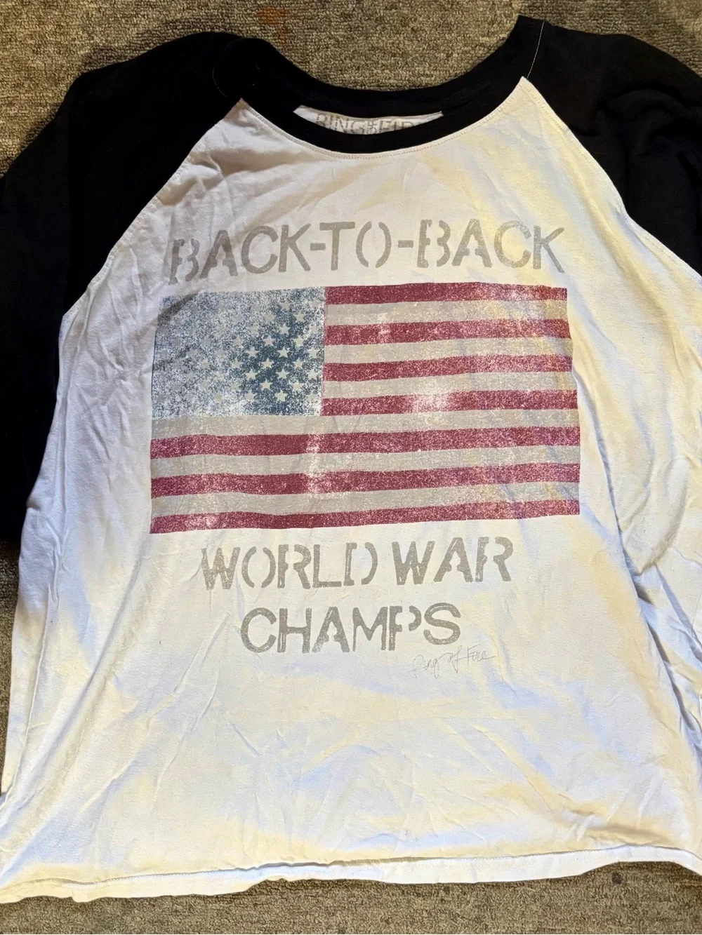 Ring of Fire White and Black Raglan Tee with American Flag Graphic